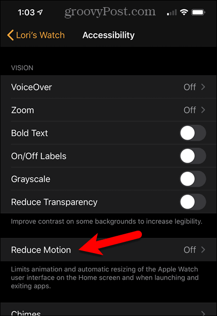Tryck på Reducera rörelse-alternativet på iPhone