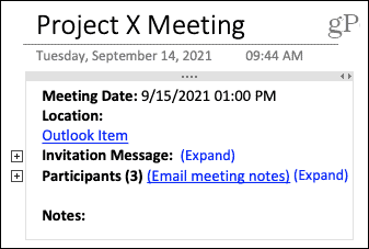 Mötesinformation i OneNote på Mac