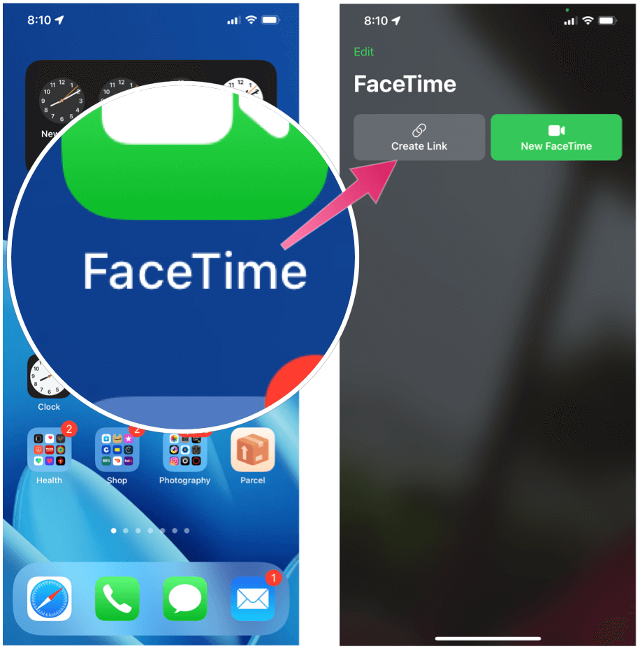 Skicka en FaceTime -chatt Bjud in FaceTime Skapa länk