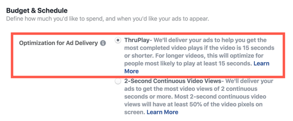 Facebook ThruPlay Optimization för videoannonser, steg 2.