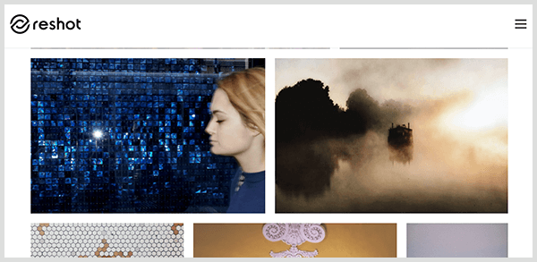 Reshot är stock foto webbplats med kurerade bilder. Skärmdump av fotobiblioteket på Reshot-webbplatsen innehåller en profil av en vit kvinna med blont hår framför skimrande blå kakel och ett dimmigt landskap med silhuettade träd.