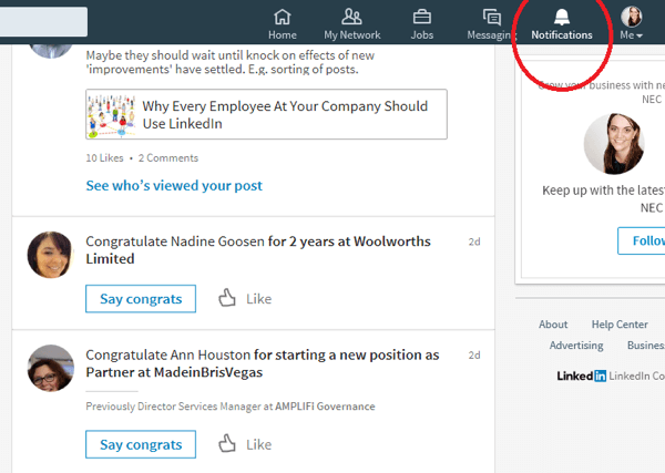 När du klickar på ikonen Meddelanden visar LinkedIn anslutningar som nyligen har haft ett speciellt tillfälle.