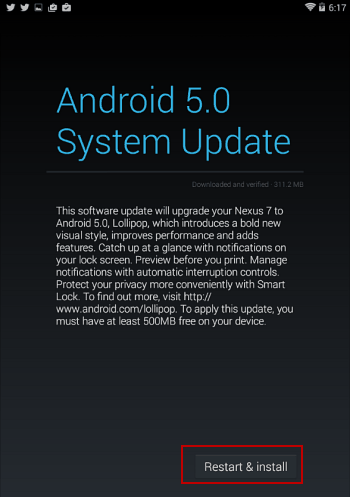 starta om Nexus 7 och installera Android 5