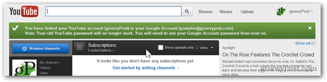 Länka ett YouTube-konto till ett nytt Google-konto - Bekräftelse - konto har migrerats