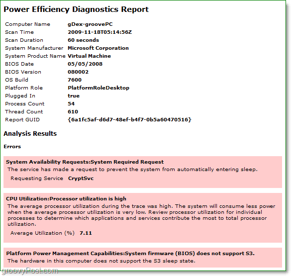 visa effektdiagnostisk rapport för effekteffektivitet i Windows 7