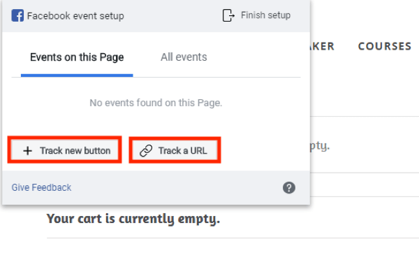 Använd Facebook Event Setup Tool, steg 4, alternativ för att spåra en ny knapp eller spåra en URL
