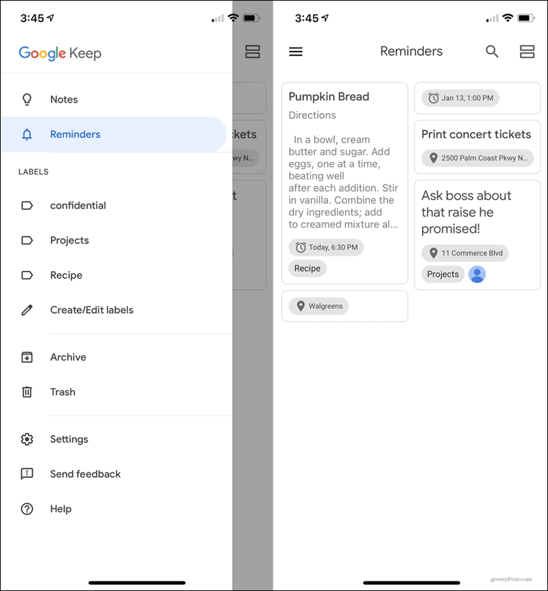 Alla påminnelser Google Keep Mobile
