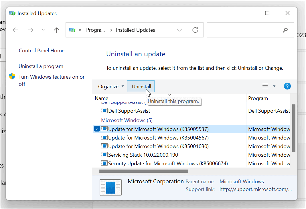 avinstallera kumulativ uppdatering Windows 11