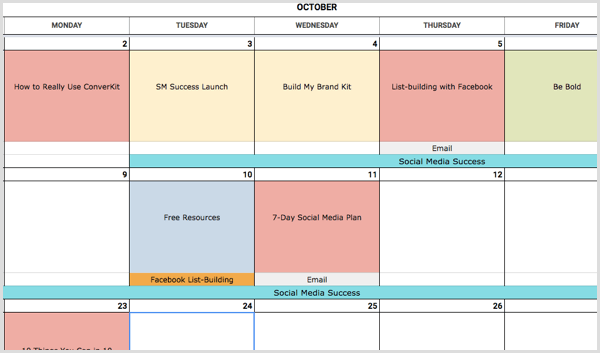 sociala medier kalender färgkodning