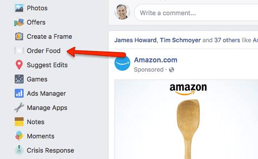 Facebook utökar alternativet Order Food i huvudnavigering till fler användare.