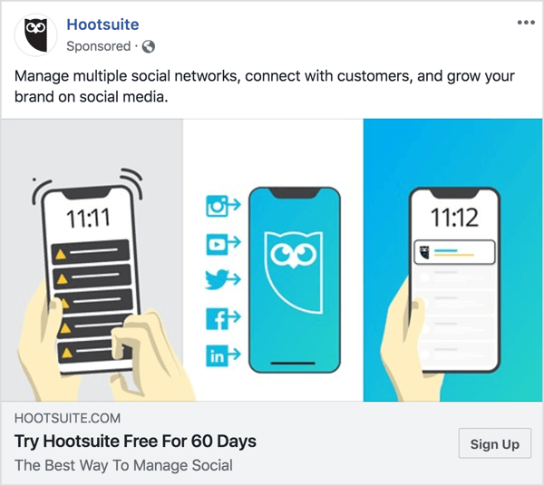 Meddelandena i Hootsuite Facebook-annonsen är tydliga och koncisa. 