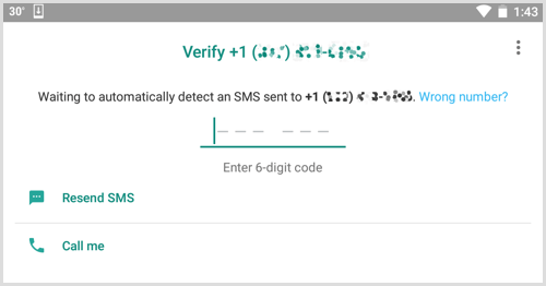 Ange verifieringskoden du fick i WhatsApp Business.