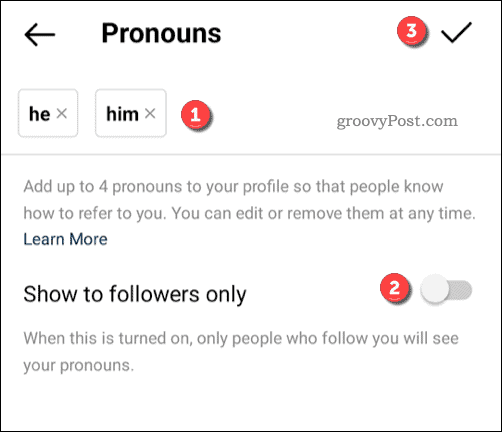 Lägga till pronomen till en Instagram-profil