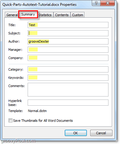 fliken sammanfattning låter dig redigera avancerade dokumentegenskaper i word 2010