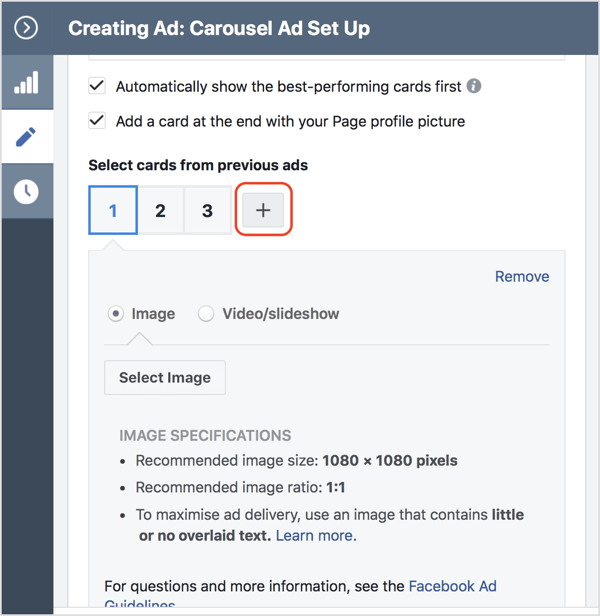 Klicka på + -ikonen för att lägga till ett kort i din Facebook-karusellannons.