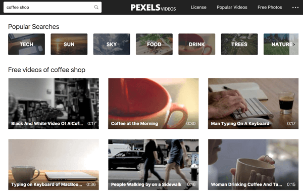 Pexels Videos gör det enkelt att söka efter nyckelord för videofilmer.