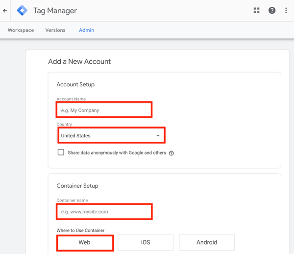 Använd Google Tag Manager med Facebook, steg 1, inställning för att lägga till ett nytt Google Tag Manager-konto