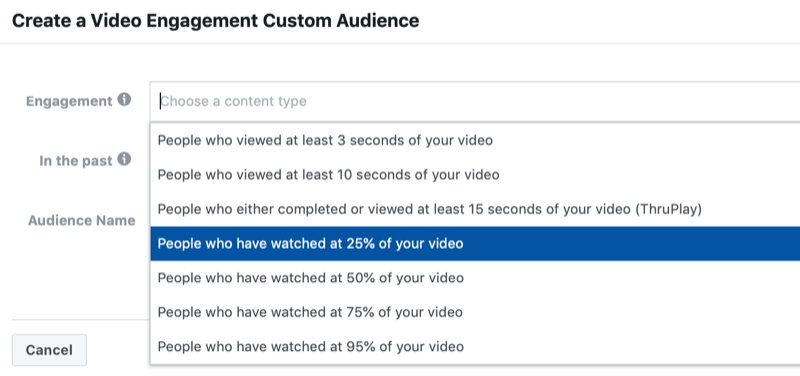 dialogrutan för att skapa en anpassad publik för Facebook-videoengagemang