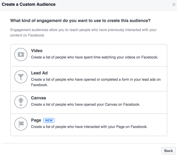 När du har klickat för att skapa en publik baserad på ett engagemang kan du definiera publiken baserat på en interaktion med en video, leadannons, Canvas eller sida.