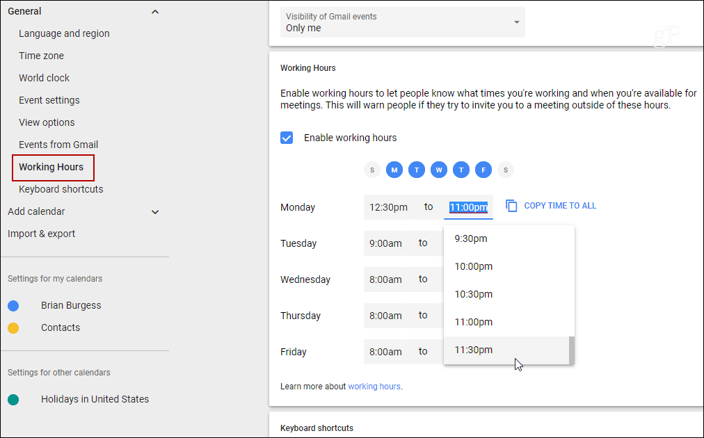 Ställ in arbetstider för enskilda dagars Google-kalender
