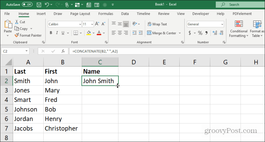 med hjälp av sammankoppling för namn i Excel