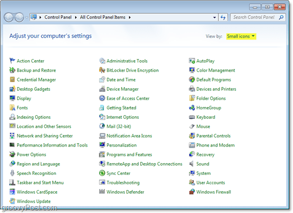 Windows 7-kontrollpanelen automatiskt i små ikoner