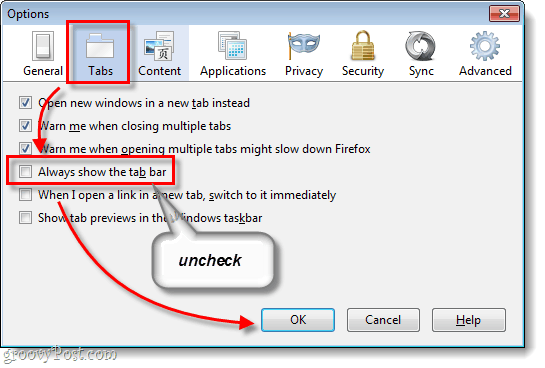 Firefox 4 Flikalternativ och Visa alltid flikfältet avmarkerat