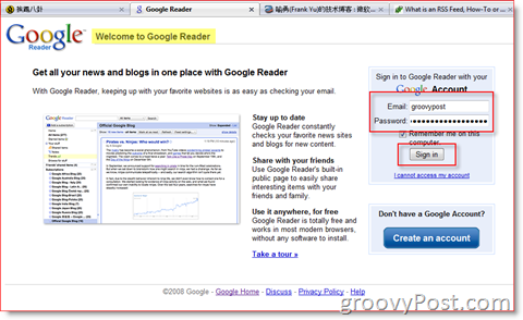 Inloggningssida för Google Reader:: groovyPost.com