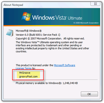 Visa ägare och organisation för Windows Vista