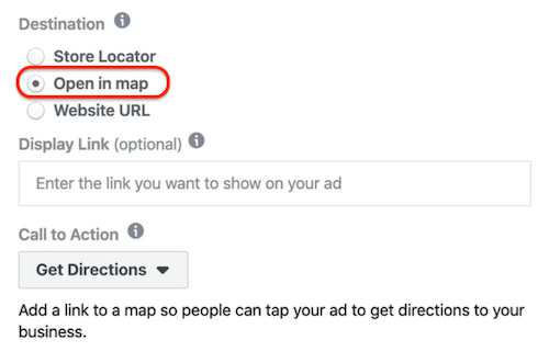 Öppna i kartalternativ valt på annonsnivå i Facebook Ads Manager