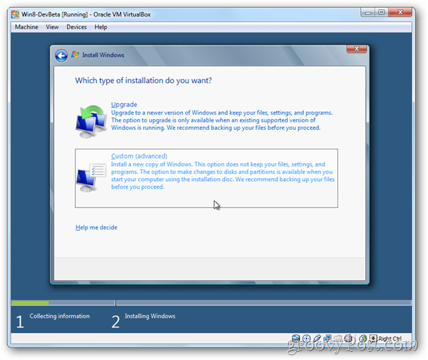 VirtualBox Windows 8 väljer anpassad installation
