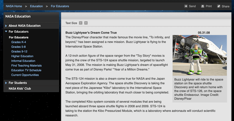 Nasa-artikel om Buzz Lightyear-leksak i rymden