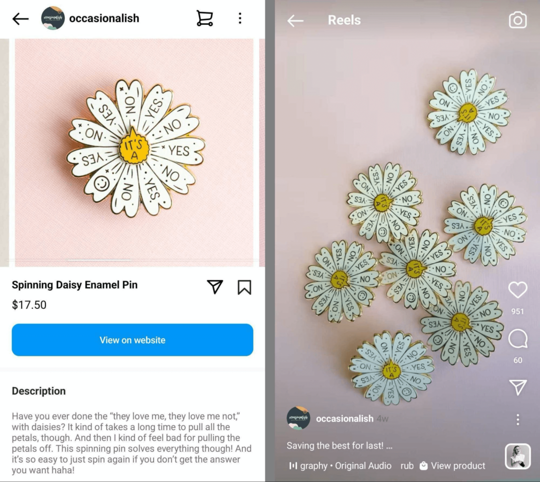 bild av samma produkt i en Instagram-butik och Instagram-rulle