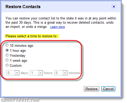 återställa gmail-kontakter till specifikt datum