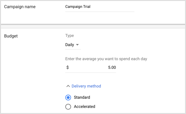 Lägg till kampanjnamn och budget i Google AdWords.