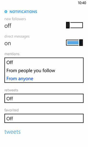 Windows Phone twitter anmälningsinställningar