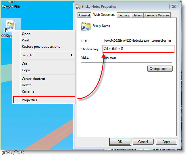 Windows 7 Skapa ny kortkommandotilldelningsmeny: Skärmdump