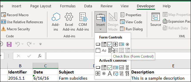 infoga kryssruta utvecklare Excel
