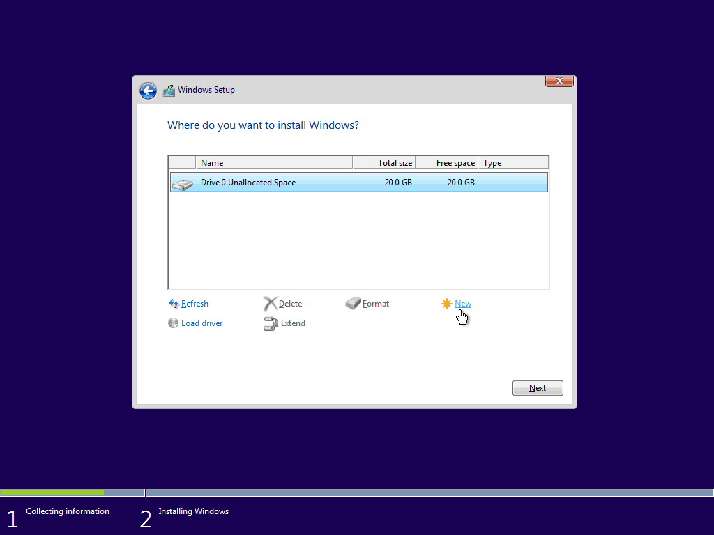 07 Skapa ny partition från unallocated Space 5 Windows 10 Clean Install