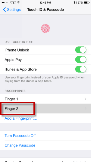 Alla fingeravtryck visas på skärmen Touch ID & Passcode