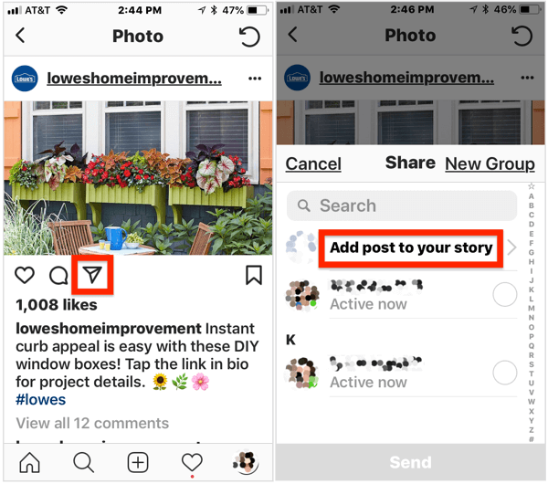 För att lägga till ett offentligt inlägg i din Instagram-berättelse, öppna inlägget, tryck på flygplansikonen under bilden och välj sedan Lägg till inlägg i din berättelse från popup-menyn.