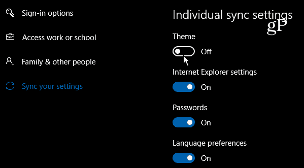 Windows 10 Individuella synkroniseringsinställningar