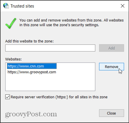 Ta bort betrodda webbplatser i Windows kontrollpanel