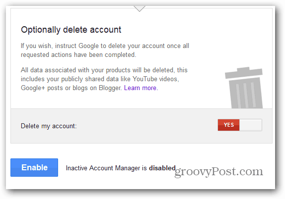 Google Inactive Account Manager aktiverar radering