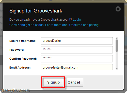 Grooveshark registreringsprocess