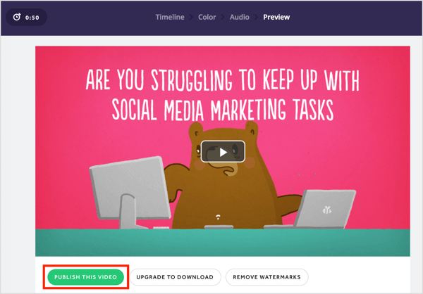 Om du är nöjd med din Biteable-video klickar du på Publicera den här videon.