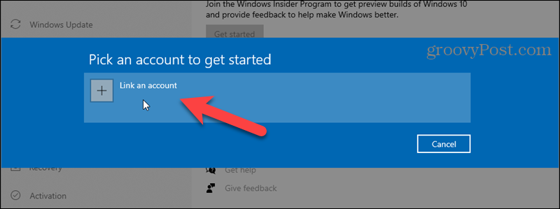 Klicka på Länka ett konto för Windows Insider Program