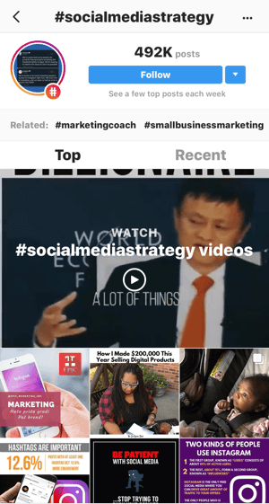 Så här växer du din Instagram strategiskt, steg 11, hitta relevanta exempel på inlägg, sök efter "#socialmediastrategy" -videor