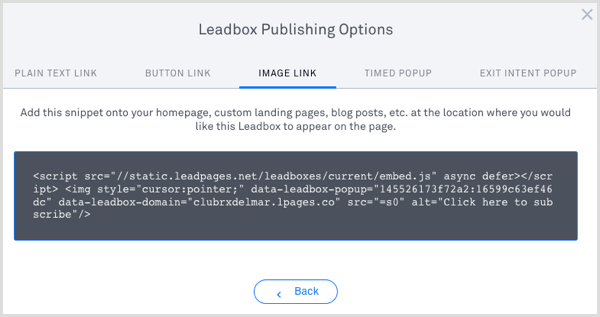 LeadPages leadbox publicerar kod 