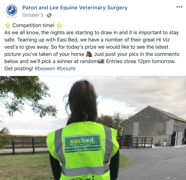 Exempel på Facebook-inlägg med en tävling från Paton och Lee Equine Veterinary Surger.